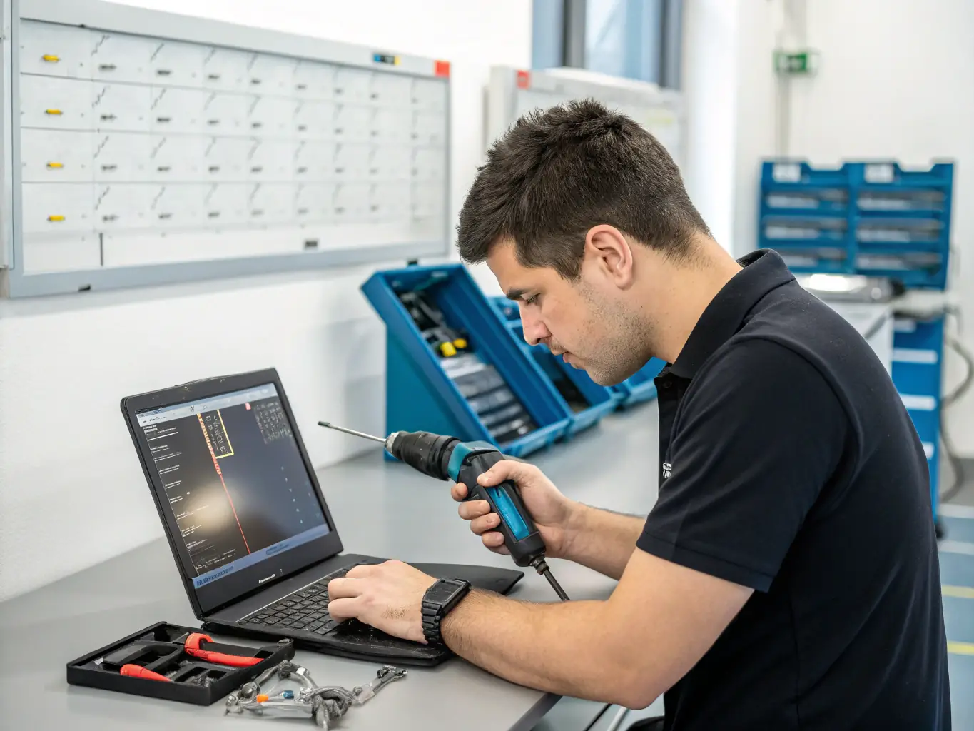 A close-up shot of a person's hands carefully examining the internal components of a laptop during the refurbishment process, highlighting the meticulous attention to detail.