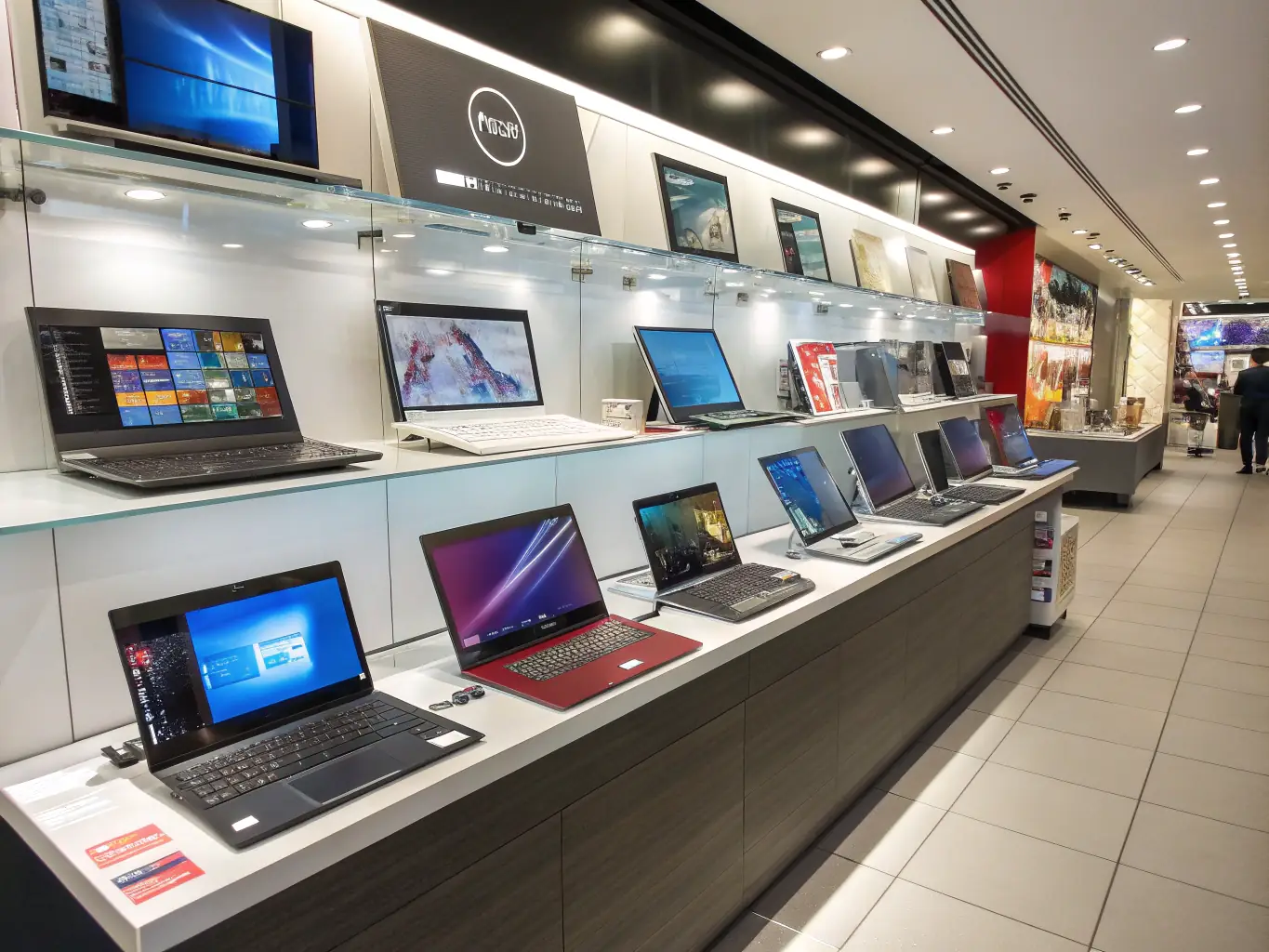 An image showcasing a variety of refurbished laptops and desktops neatly arranged on a shelf, emphasizing the wide selection available.